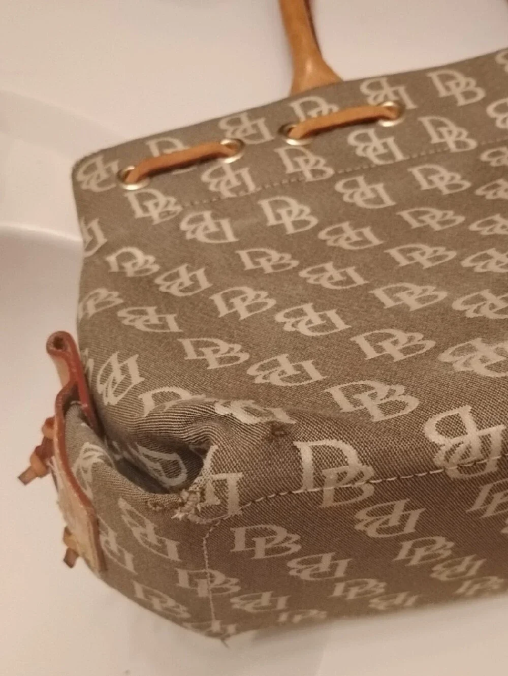 Dooney & Bourke Beige/Tan Signature Logo Tote with Tassel